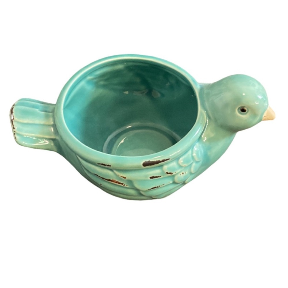 Seafoam green ceramic bird container. 4” diameter across opening. Cute! - Picture 1 of 11